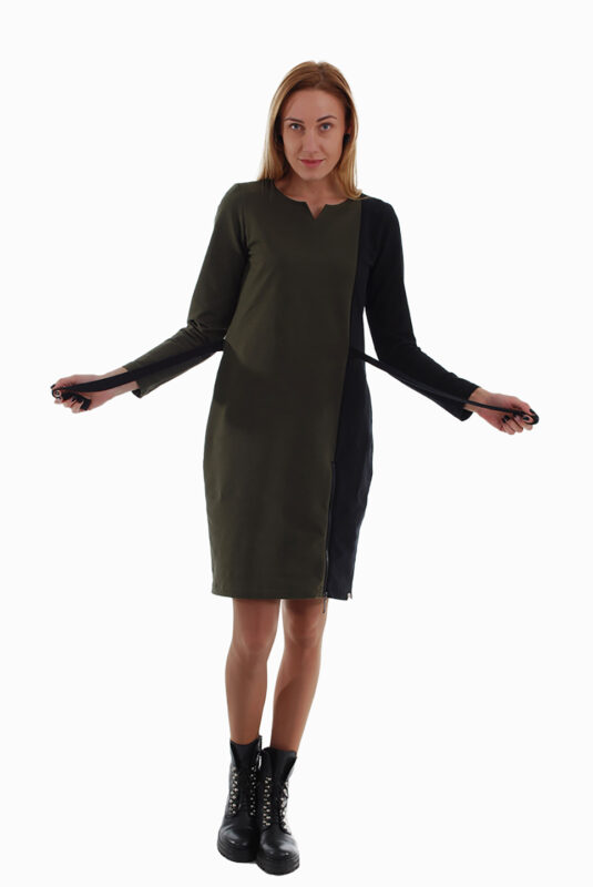 Stilinga dviejų spalvų suknelė iš trikotažo su atsegamu skirtuku apačioje