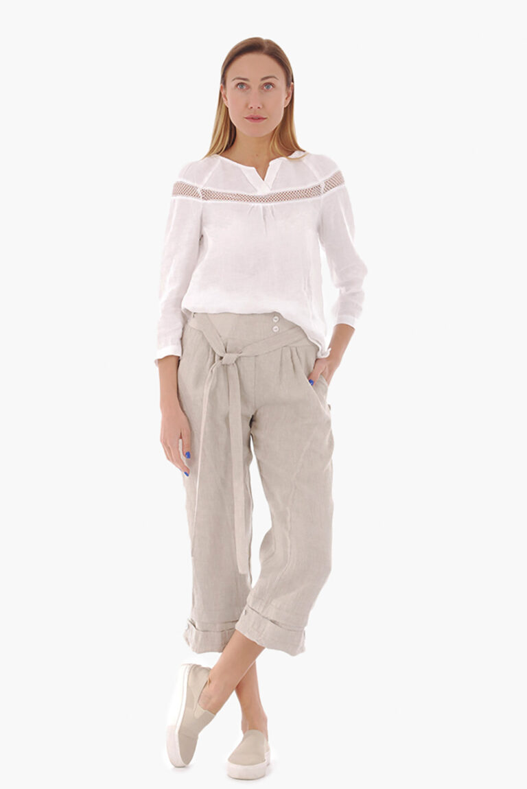 Šviesio moteriškos lininės kelnės pusilgės