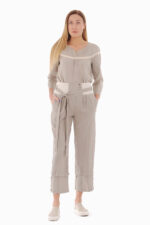 Šviesios moteriškos lininės kelnės su elastingu juosmeniu ir diržu