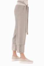 Šviesios moteriškos lininės kelnės su elastingu juosmeniu, diržu, kišenėmis