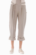 Šviesios moteriškos lininės kelnės su elastingu juosmeniu, diržu, kišenėmis