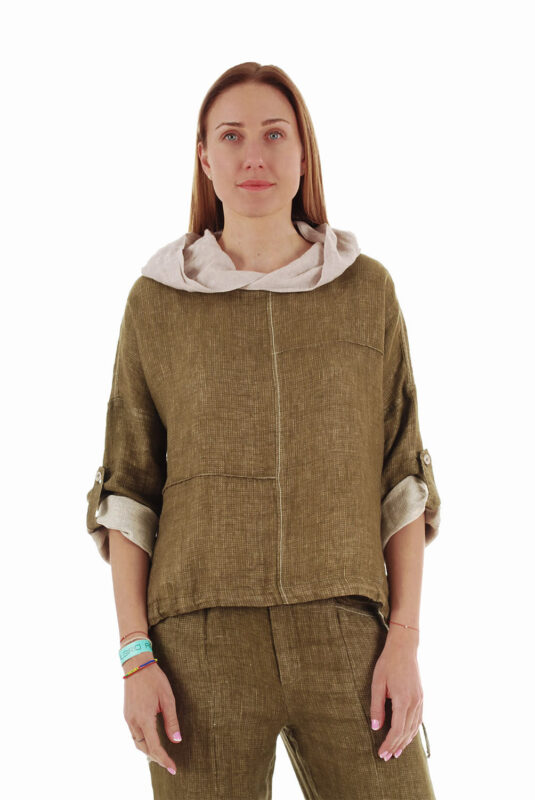 Moteriškas lininis bliuzonas su gobtuvu