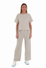 Šviesi Laisva lininė palaidinė trumpomis plačiomis rankovėmis dekoruotu priekiu