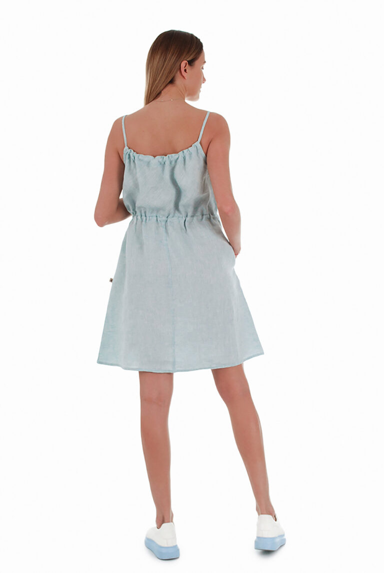 Laisvo kirpimo vidutinio ilgio lininė suknelė su petnešėlėmis - nugara