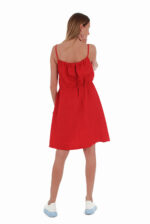 Raudona lininė suknelė su petnešėlėmis