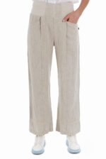 Šviesios Laisvos lininės kelnės moterims: platus elastingas liemuo, 2 priekinės kišenės