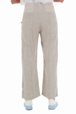 Šviesios Laisvos lininės kelnės moterims iš nugaros: elastingas juosmuo ir 2 kišenės