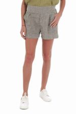 Moteriški trumpi platūs lininiai šortai su plačiu juosmeniu ir kišenėmis