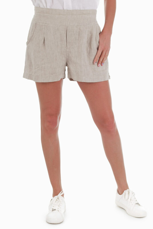 Šviesūs moteriški trumpi lininiai šortai su kišenėmis
