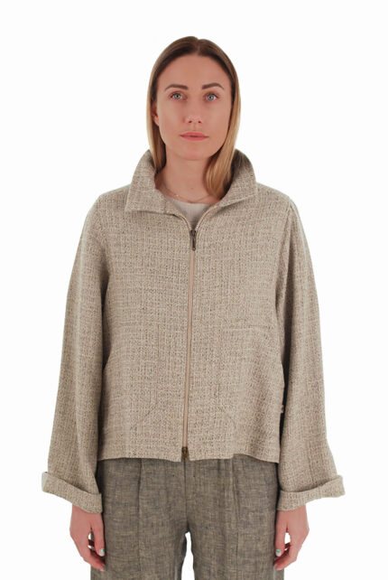 Vilnonis švarkas su linu, užsegamas užtrauktuku, rusvas