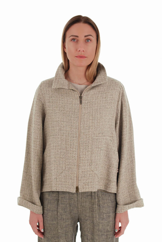 Vilnonis švarkas su linu, užsegamas užtrauktuku, rusvas