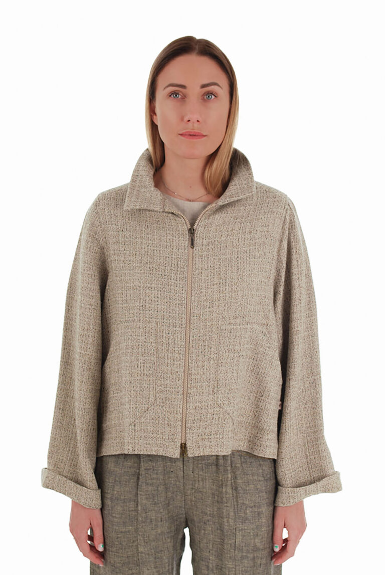 Vilnonis švarkas su linu, užsegamas užtrauktuku, rusvas