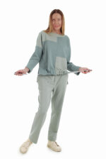 Žydras medvilninis laisvalaikio bliuzonas moterims, sutraukiama apačia priekyje