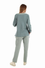 Žydras medvilninis laisvalaikio bliuzonas moterims, sutraukiama apačia priekyje ir atlenkiamomis rankovėmis