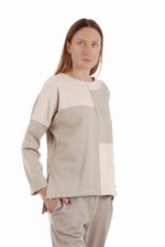 Stilingas smėlinis medvilninis laisvalaikio bliuzonas moterims, trumpesnis priekyje