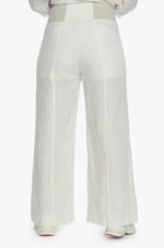 moteriškos laisvo stiliaus baltos, lininės kelnės su kišenėmis, tamprus juosmuo