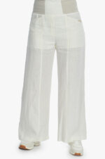 moteriškos laisvo stiliaus baltos, lininės kelnės su kišenėmis