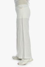 moteriškos laisvo stiliaus baltos, lininės kelnės su kišenėmis, tamprios