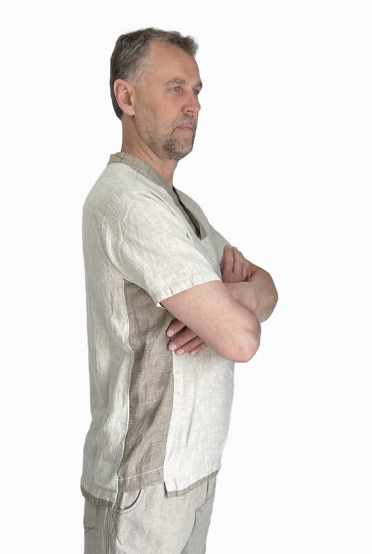 Vyriški lininiai marškiniai v formos apykakle