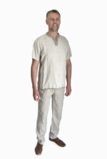 Vyriški lininiai marškiniai v formos apykakle melanžo