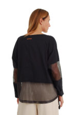 Stilinga juoda palaidinė iš lino ilgomis rankovėmis dekoruota tinkleliu - nugara