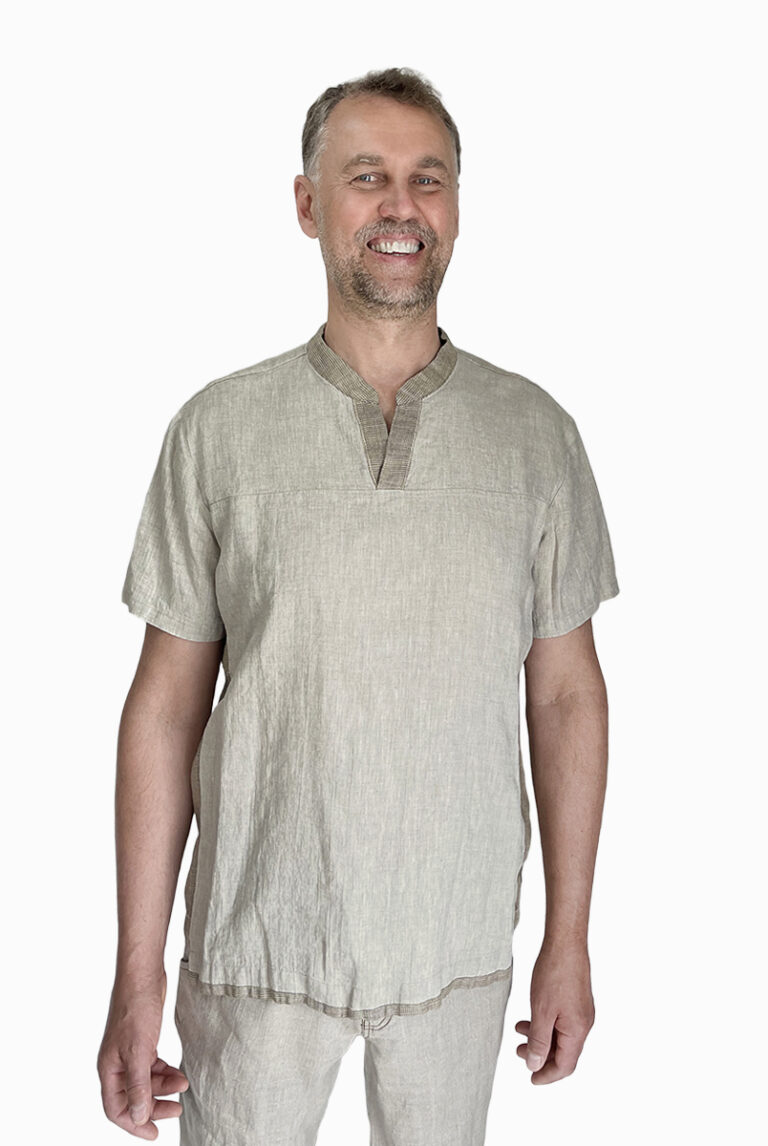 Vyriški lininiai marškiniai v formos apykakle lino