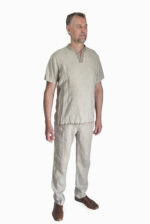 Vyriški lininiai marškiniai v formos apykakle lino spalvos