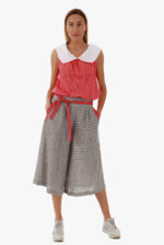 Lininė palaidinė su apykakle be rankovių, taškuota raudona