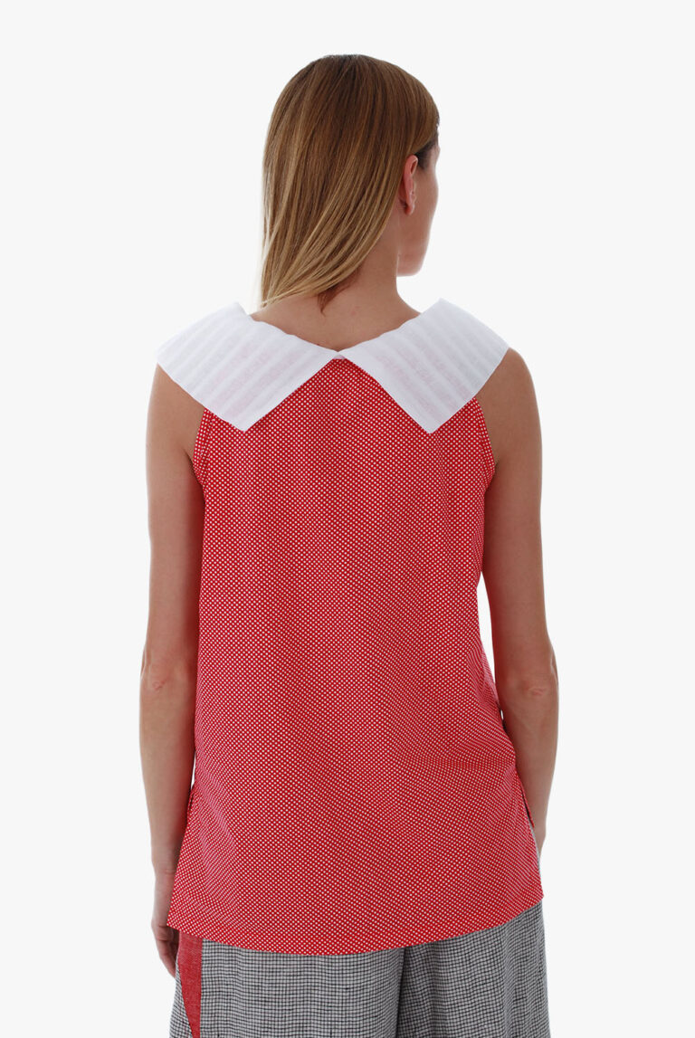 Lininė palaidinė be rankovių su apykakle taškuota